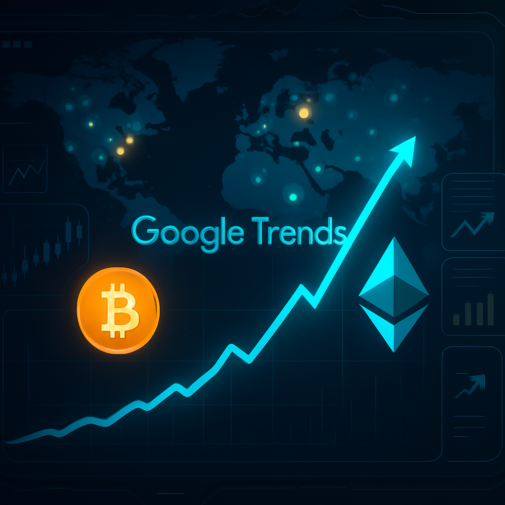 Animated dashboard with rising Google Trends graph alongside Bitcoin and Ethereum icons, symbolizing how to use Google Trends to make crypto trades