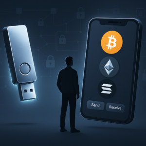 Modern digital illustration showing a person comparing a hardware wallet and a mobile crypto wallet with blockchain security elements in the background