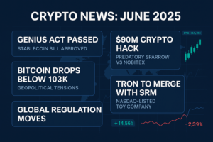 Crypto news roundup dashboard showing headlines for stablecoin bill, $90M crypto hack, Bitcoin dip, Tron merger, and global regulation