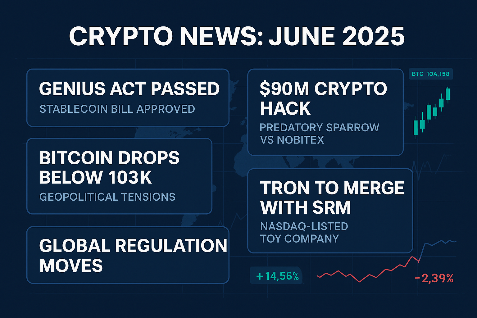 Crypto news for June 2025 roundup dashboard showing headlines for stablecoin bill, $90M crypto hack, Bitcoin dip, Tron merger, and global regulation